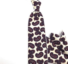 Kırık Beyaz Kahve Bordo Lacivert Şal Desenli Baskılı Mendilli Kravat 32026