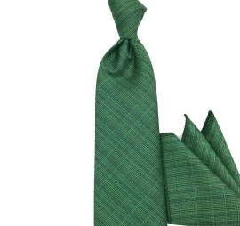 Yeşil Melanj Ekose Kareli Mendilli Kravat 32029