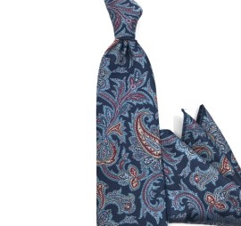 Mavi Lacivert Bordo Bej Özel Şal Desenli Mendilli Kravat 32036