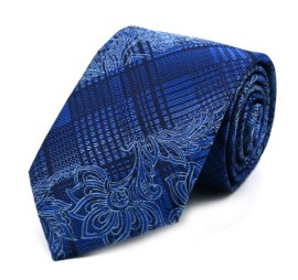 Mavi Lacivert Ekoseli Çiçek Desenli Kravat 32037
