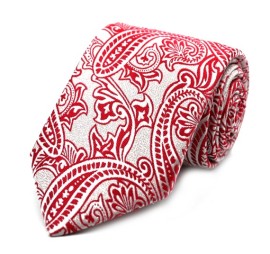 Kırık Beyaz Kırmızı Özel Dokuma Şal Desenli Kravat 32040