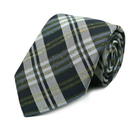 Gri Siyah Sarı Ekose Çizgili Keten İpek Kravat 32043