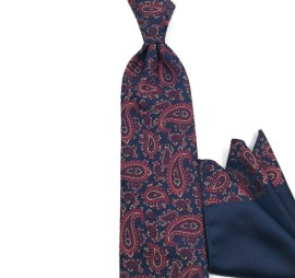Lacivert Bordo Bej Özel Dokuma Şal Desenli Mendilli Kravat 32045