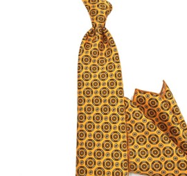 Canlı Sarı Kahve Bej Özel Desenli Baskılı Mendilli Kravat 32048