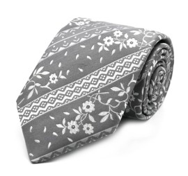 Gri Beyaz Özel Dokuma Özel Çizgili Çiçek Desenli Kravat 32050