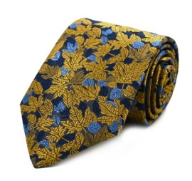 Hardal Sarı Mavi Lacivert Özel Dokuma Özel Yaprak Desenli Kravat 32053