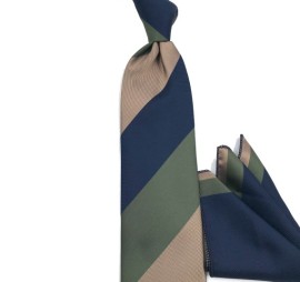 Haki Yeşil Bej Lacivert Özel Dokuma Modern Çizgili Mendilli Kravat 32056
