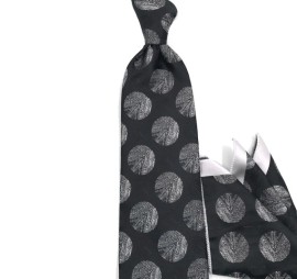 Siyah Beyaz Özel Dokuma Puantiye Desenli Mendilli Kravat 32064