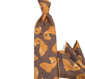 Altın Sarı Lacivert Şal Desenli Mendilli Kravat 32066
