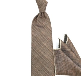 Soft Kahve Melanj Desenli Mendilli Kravat 32070