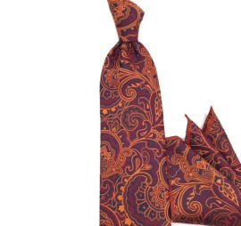 Turuncu Bordo Lacivert Şal Desenli Mendilli Kravat 32072