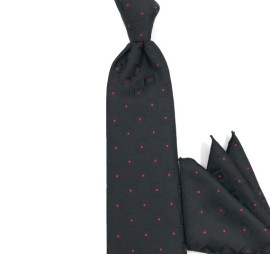 Siyah Kare Desenli Kırmızı Noktalı Mendilli Kravat 32078