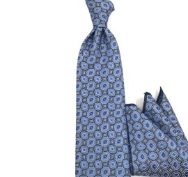 Mavi Lacivert Özel Desenli Mendilli Kravat 32110