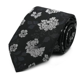 Siyah Grili Beyaz Çiçek Desenli Kravat 32115