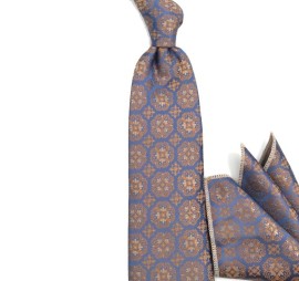 Soft Mavi Hardal Sarı Özel Desenli Mendilli Kravat 32123