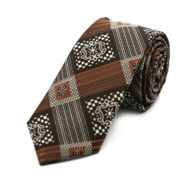 Kahve Bej Özel Ekose Desenli İnce Kravat 32128