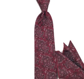 Bordo Siyah Beyaz Şal Desenli Mendilli Kravat 32082