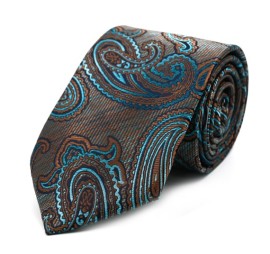 Kahve Turkuaz Mavi Şal Desenli Kravat 32085