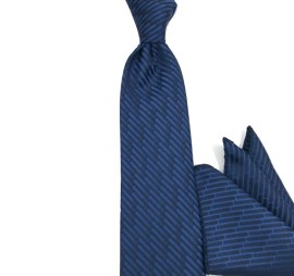 Gece Mavisi Lacivert Çizgi Desenli Mendilli Kravat 32087