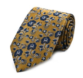 Sarı Lacivert Beyaz Özel Dokuma Çiçek Desenli Kravat 32088