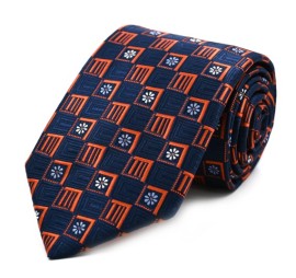 Lacivert Turuncu Mavi Beyaz Özel Dokuma Öze Kare Çiçek Desenli Kravat 32096