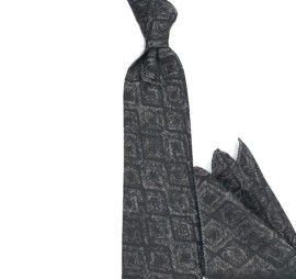 Füme Gri Siyah Özel Desenli Mendilli Kravat 32098