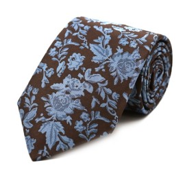 Kahve Mavi Özel Dokuma Çiçek Desenli Kravat 32099