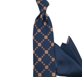Lacivert Hardal Sarı Beyaz Özel Dokuma Özel Kare Desenli Mendilli Kravat 32100