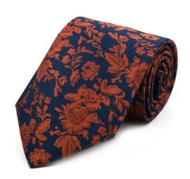 Lacivert Turuncu Özel Dokuma Çiçek Desenli Kravat 32104
