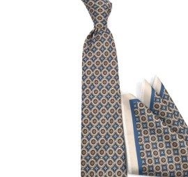 Soft Mavi Bej Kahve Beyaz Özel Desenli Baskılı Mendilli Kravat 32105