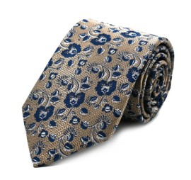 Bej Lacivert Beyaz Özel Dokuma Çiçek Desenli Kravat 32142