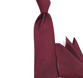 Bordo Kendinden Kare Desenli Mendilli Kravat 32143