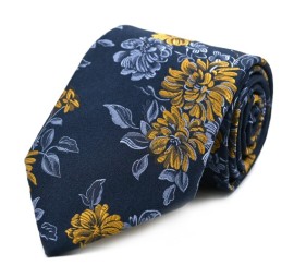 Lacivert Mavi Sarı Özel Dokuma Çiçek Desenli Kravat 32131