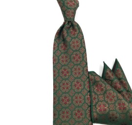 Zümrüt Yeşil Kahve Bordo Özel Desenli Mendilli Kravat 32133