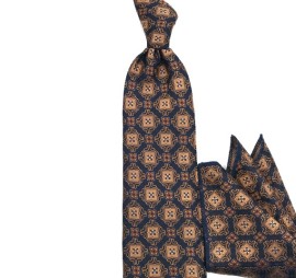 Hardal Sarı Lacivert Özel Desenli Mendilli Kravat 32147