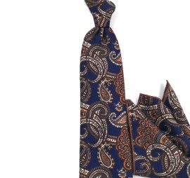 Lacivert Kahve Bej Taba Şal Desenli Baskılı Mendilli Kravat 32153