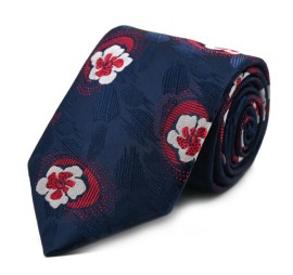 Lacivert Kırmızı Beyaz Özel Dokuma Çiçek Desenli Kravat 32154