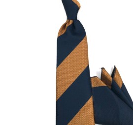 Lacivert Hardal Sarı Özel Dokuma Modern Çizgili Mendilli Kravat 32161