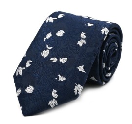 Lacivert Beyaz Özel Dokuma Özel Yaprak Desenli Kravat 32162
