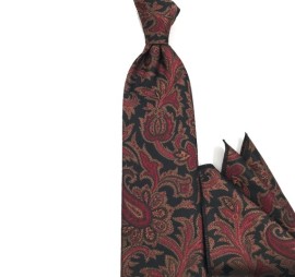 Kahve Bordo Siyah Özel Desenli Mendilli Kravat 32166