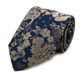 Lacivert Bej Özel Dokuma Özel Çiçek Desenli Kravat 32173
