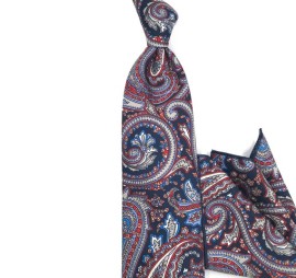 Lacivert Kırmızı Mavi Beyaz Şal Desenli Baskılı Mendilli Kravat 32177