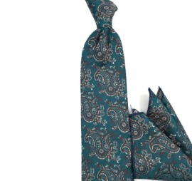 Turkuaz Mavi Kahve Sarı Beyaz Özel Şal Desenli Mendilli Kravat 32199