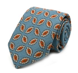 Mavi Turuncu Krem Özel Desenli Yün İpek Kravat 32208