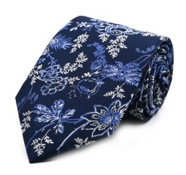 Lacivert Mavi Beyaz Özel Dokuma Çiçek Desenli Kravat 32210