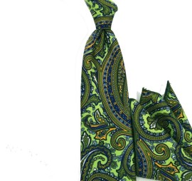 Fıstık Yeşil Haki Hardal Sarı Lacivert Şal Desenli Baskılı Mendilli Kravat 32214