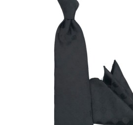 Siyah Özel Dokuma Kendinden Özel Kare Desenli Mendilli Kravat 32188
