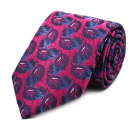Fuşya Lacivert Beyaz Özel Dokuma Özel Yaprak Desenli Kravat  32189