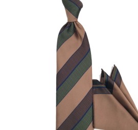 Sütlü Kahve Haki Yeşil Lacivert Özel Dokuma Çizgili Mendilli Kravat 32190