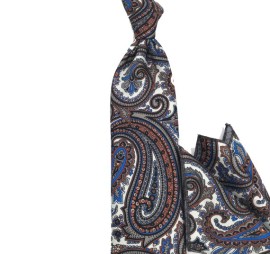 Kahve Bej Mavi Beyaz Özel Şal Desenli Baskılı Mendilli Kravat 32321